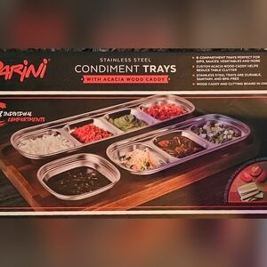 Stainless Steel Condiment Trays with Acacia Wood Caddy